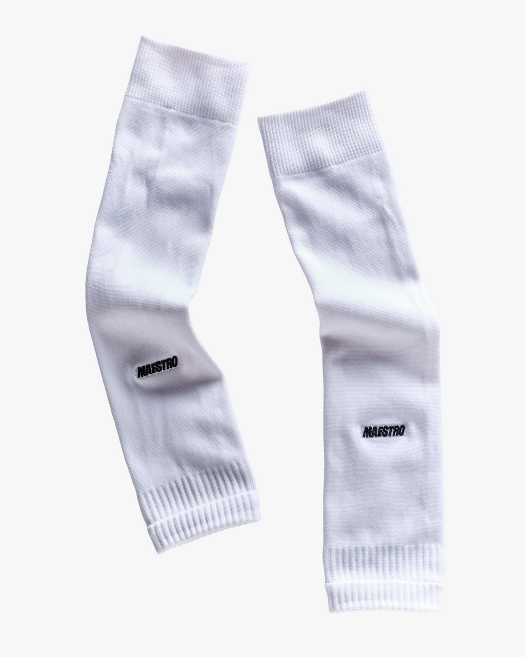 Pair of white sock sleeves with a brand logo on a white background