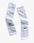 Pair of white sock sleeves with a brand logo on a white background