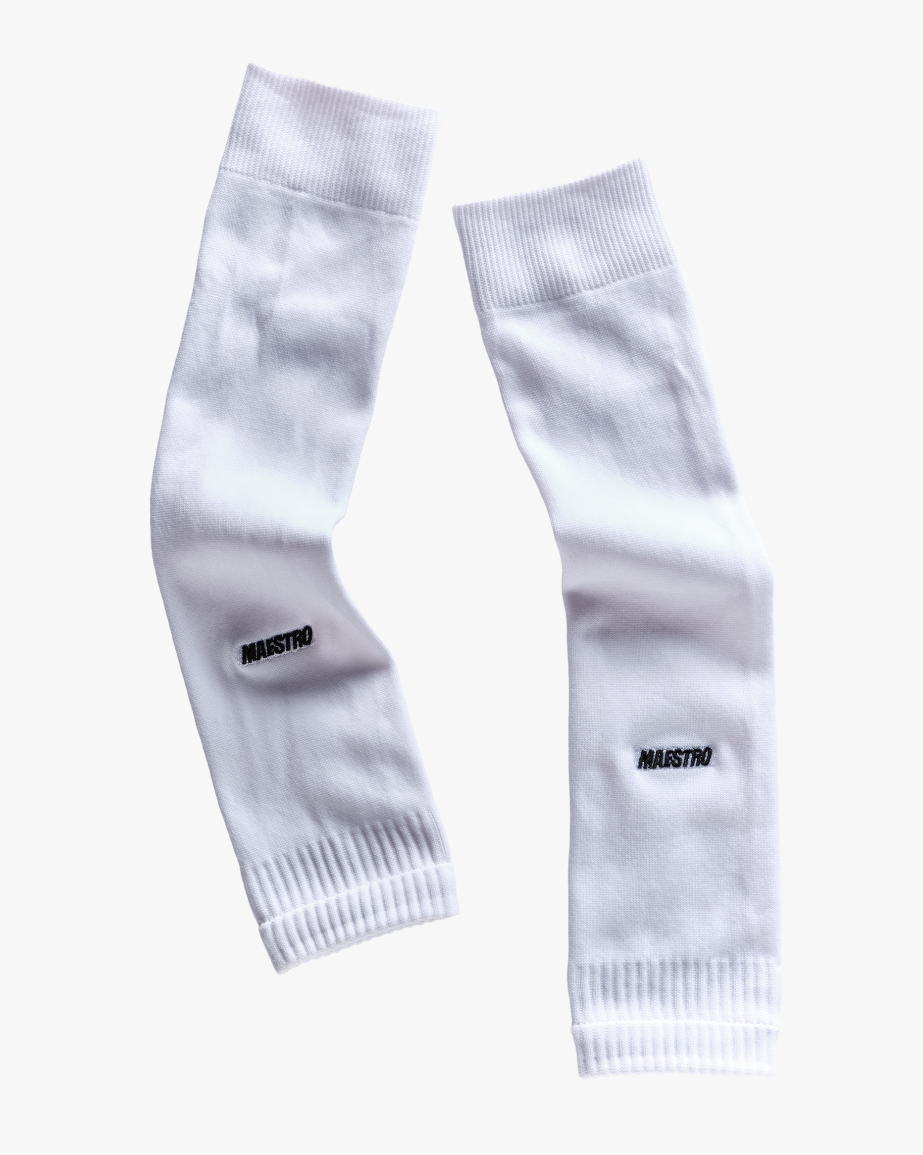 Pair of white sock sleeves with a brand logo on a white background