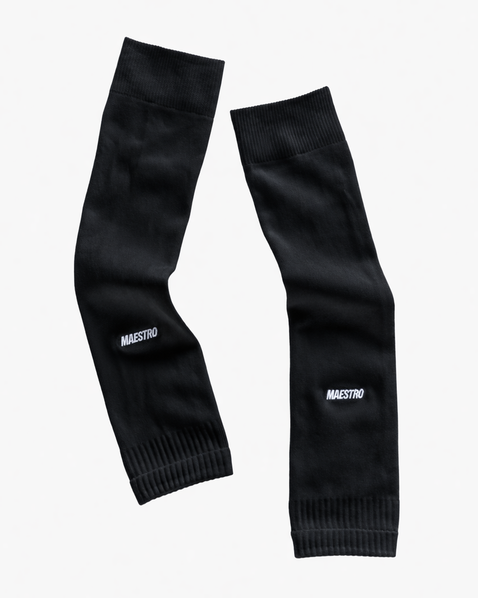 Black sock sleeves with 'MAESTRO' branding on a white background